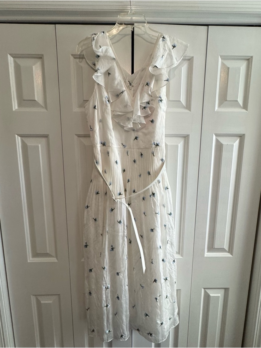 Kate Spade Dainty Bloom White Midi Dress, Blue Flowers, Ruffle V-Neck, Sz 12 NWT
